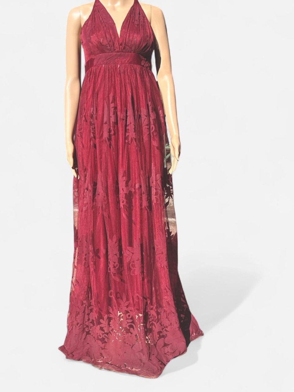 Luxxel Burgundy Lace Halter Maxi Dress